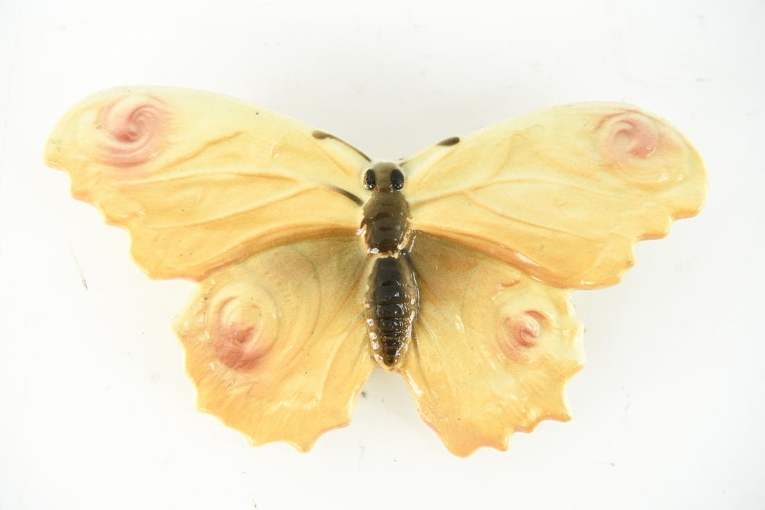 FRENCH MAJOLICA BUTTERFLY WALL POCKET: Keller Et Guerin Saint Clement mark to back. Dimensions: H 5" x W 9" x D 1.5" Condition: some crazing and minor age blemishes, no major cracks or chips.
