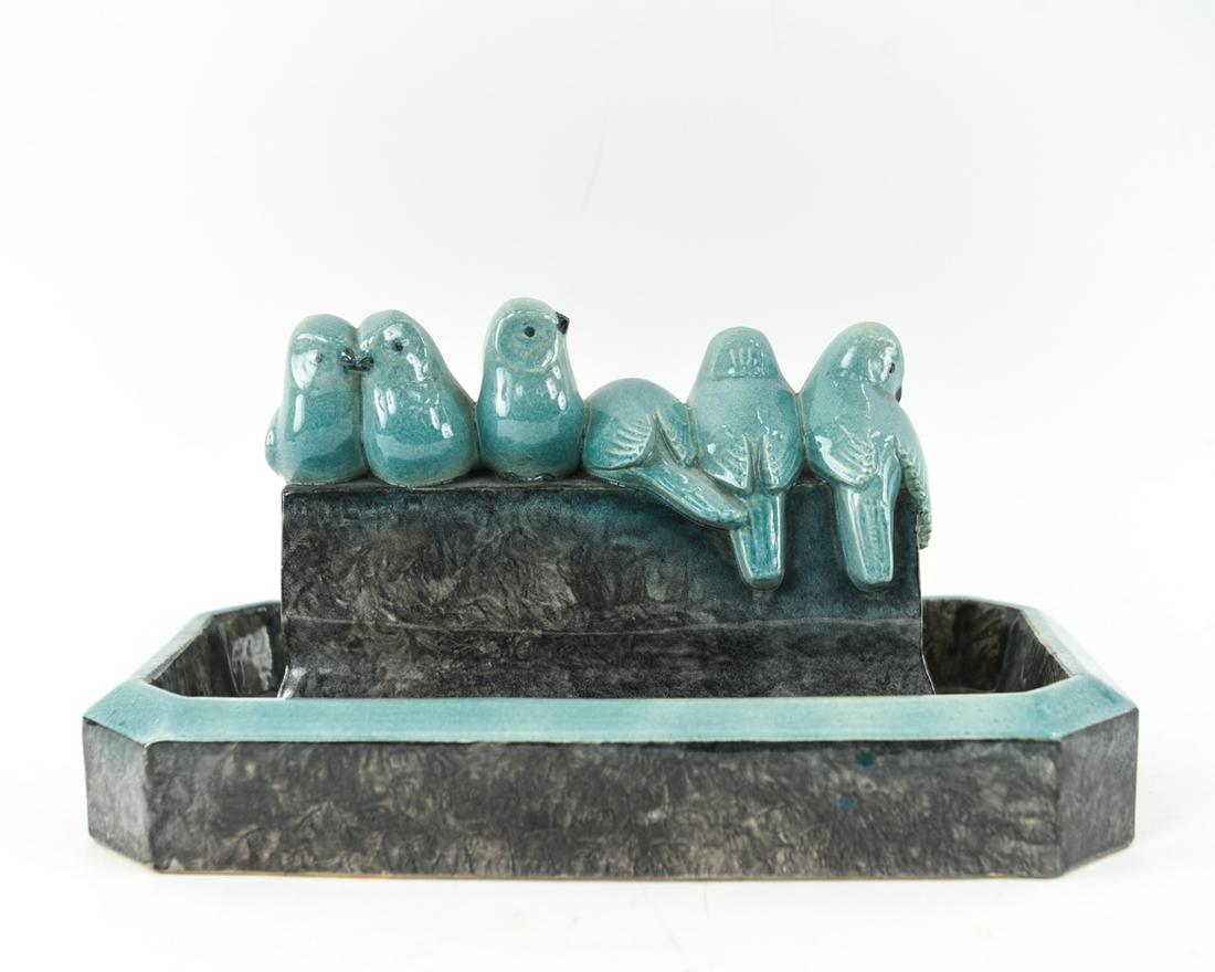 GH LAURENT FRECH POTTERY BIRD BATH: Signed under the glaze. Dimensions: H 7" x W 14" x D 7.25" Condition: Light, aged related crazing. Repair to scallop along bottom edge, hairline fracture visible under.