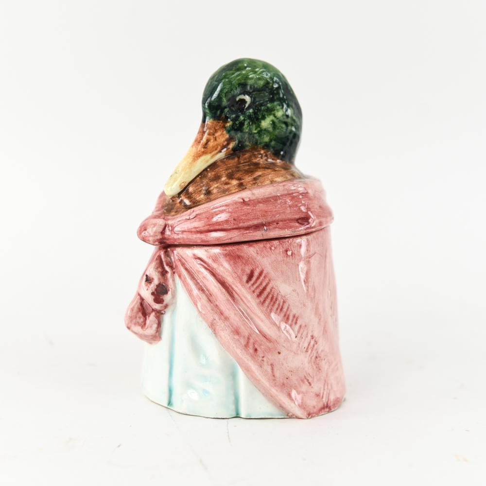 FRENCH MAJOLICA MALLARD DUCK COVERED JAR: Likely Wedgwood, with three letter marks and no other hallmarks. Dimensions: H 5.5" x Dia: 4" Condition: old tape residue, light crazing
