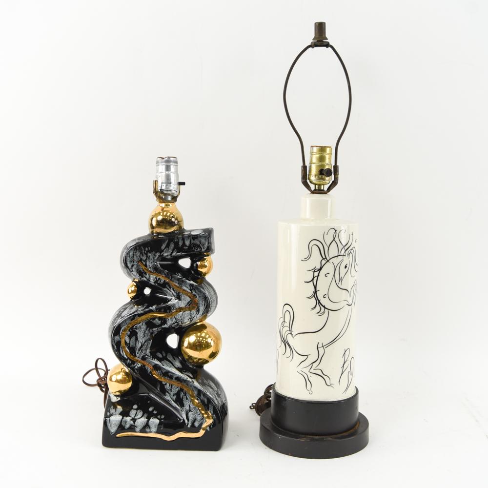 (2) MID-CENTURY CERAMIC LAMPS: Including a Mid-Century ceramic column lamp with hand painted horse and a post modern black and gold ceramic lamp. Dimensions: white lamp: H 25" x Dia: 7" (base) Condition: showing light signs of age,