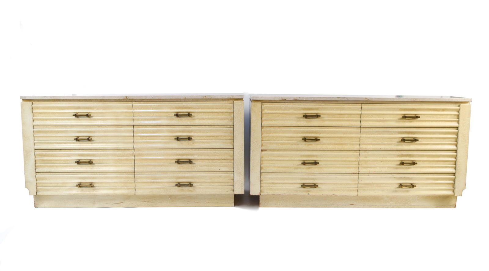 PAIR OF MID-CENTURY TRAVERTINE TOP CHESTS: Dimensions: H 30.25" x W 57.25" x D 21" Condition: Some paint loss, losses and chips to wood. Chips to tops. Wear consistent with age and use.
