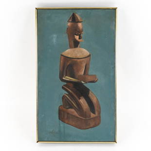 MID-CENTURY PAINTING OF AFRICAN SCULPTURE: Signed and dated lower left: Louis, '72. Dimensions: (Overall) H 24.5" x W 14.75" Condition: Surface dirt and water marks.