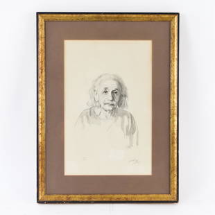 SHELDON (SHELLY) FINK, AMERICAN (1925 - 2002): Lithographic print of Einstein. Signed and dated in plate. Pencil signed and numbered 80 / 125. Dimensions: (Frame) H 23" x W 17" (Sight) H 16.5 x W 10.5" Condition: Lightly age toned, irregular tonin