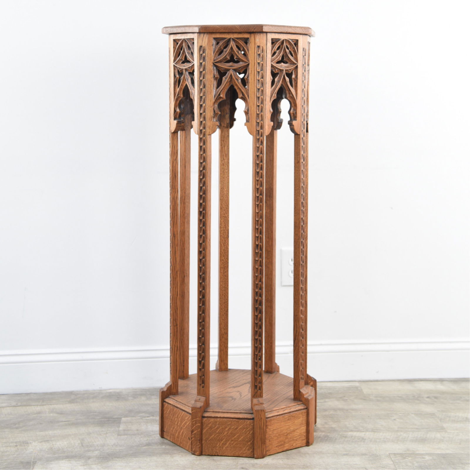 CARVED OAK GOTHIC REVIVAL PEDESTAL (1 of 8)