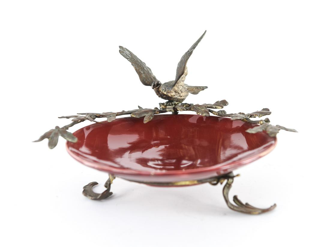 PORCELAIN & BRONZE EAGLE FOOTED DISH: Dimensions: H 7" x W 11.5" x D 12" Condition: Patina to brass, losses to gold.