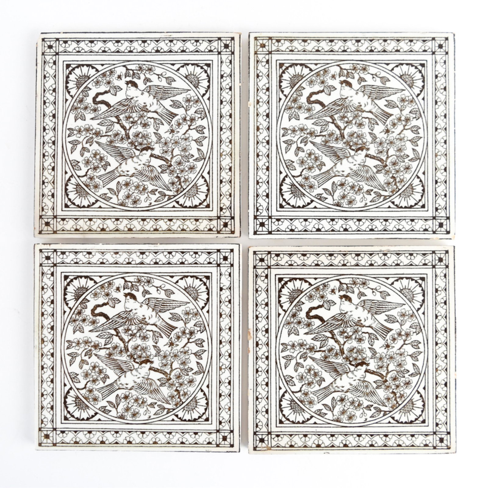 (4) ANTIQUE MINTON TILES: Marking verso. Dimensions: H 6" x W 6" Condition: Some chips.