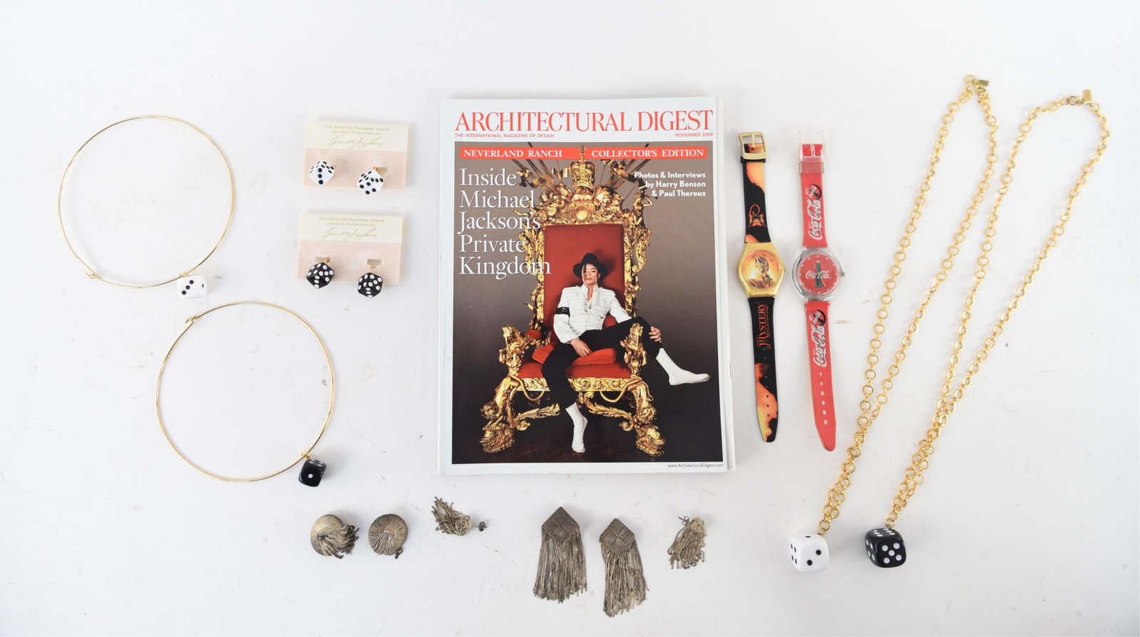 GROUPING OF COSTUME JEWELRY ETC.: Incl. Kenneth J. Lane casino jewelry, Michael Jackson "Thriller" wrist watch, sterling silver deco earrings. Dimensions: (Dice choker) Dia. 5" Condition: Wearable, showing signs of age and use.