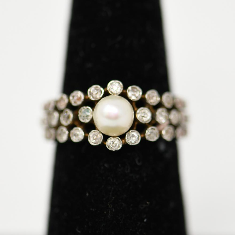 18K GOLD, DIAMOND, & PEARL RING: 18k yellow gold band with 18k white gold diamond settings. Ring size: 6.5. Weight: (Overall) 3.1 dwt Condition: Normal signs of age.