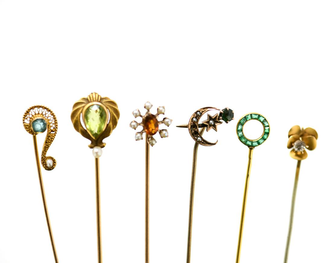 (6) ANTIQUE GEMSTONE STICK PINS INCL COLORED STONE (1 of 11)