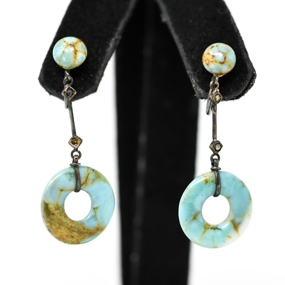 STERLING SILVER & TURQUOISE BI DISC EARRINGS: Screw back. With marcasite accent. Dimensions: L 1.75" x W .75" Condition: Showing normal signs of age.
