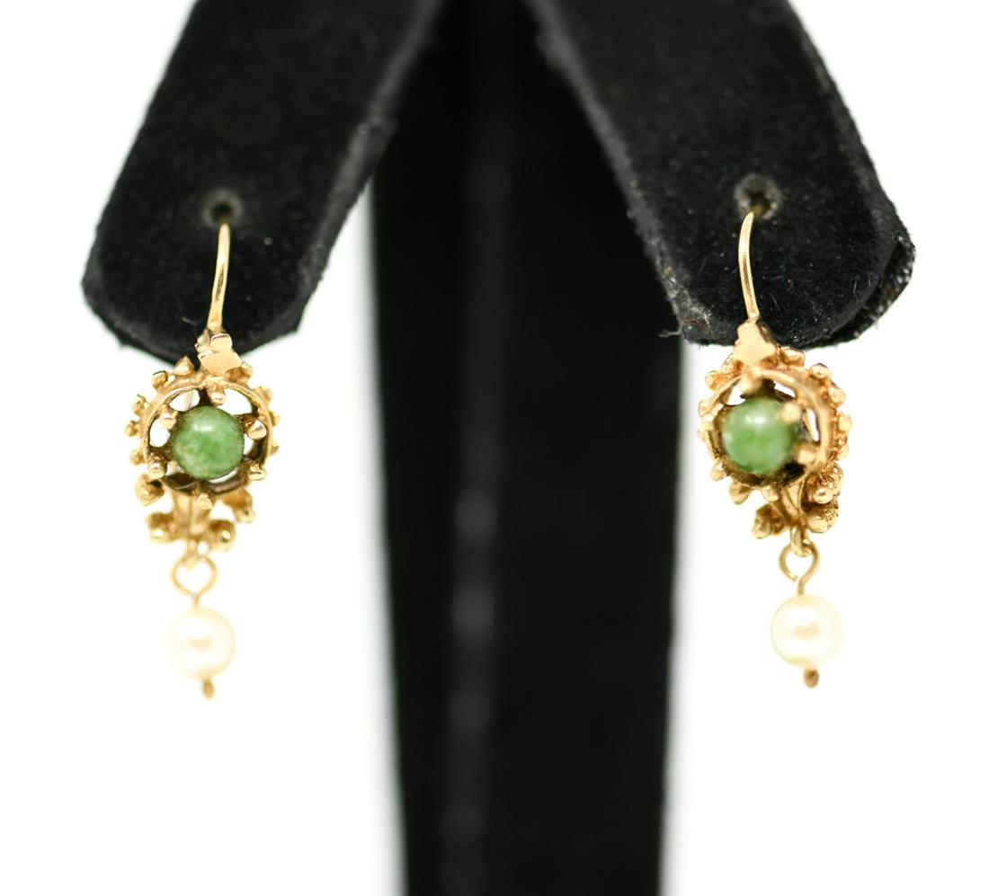 SMALL ANTIQUE DROP PEARL EARRINGS: 14k yellow gold with green marble stone and small pearl drops. Dimensions: L 1" x W .25" Weight: (Overall) 1.7 dwt Condition: Normal signs of age, wearable.