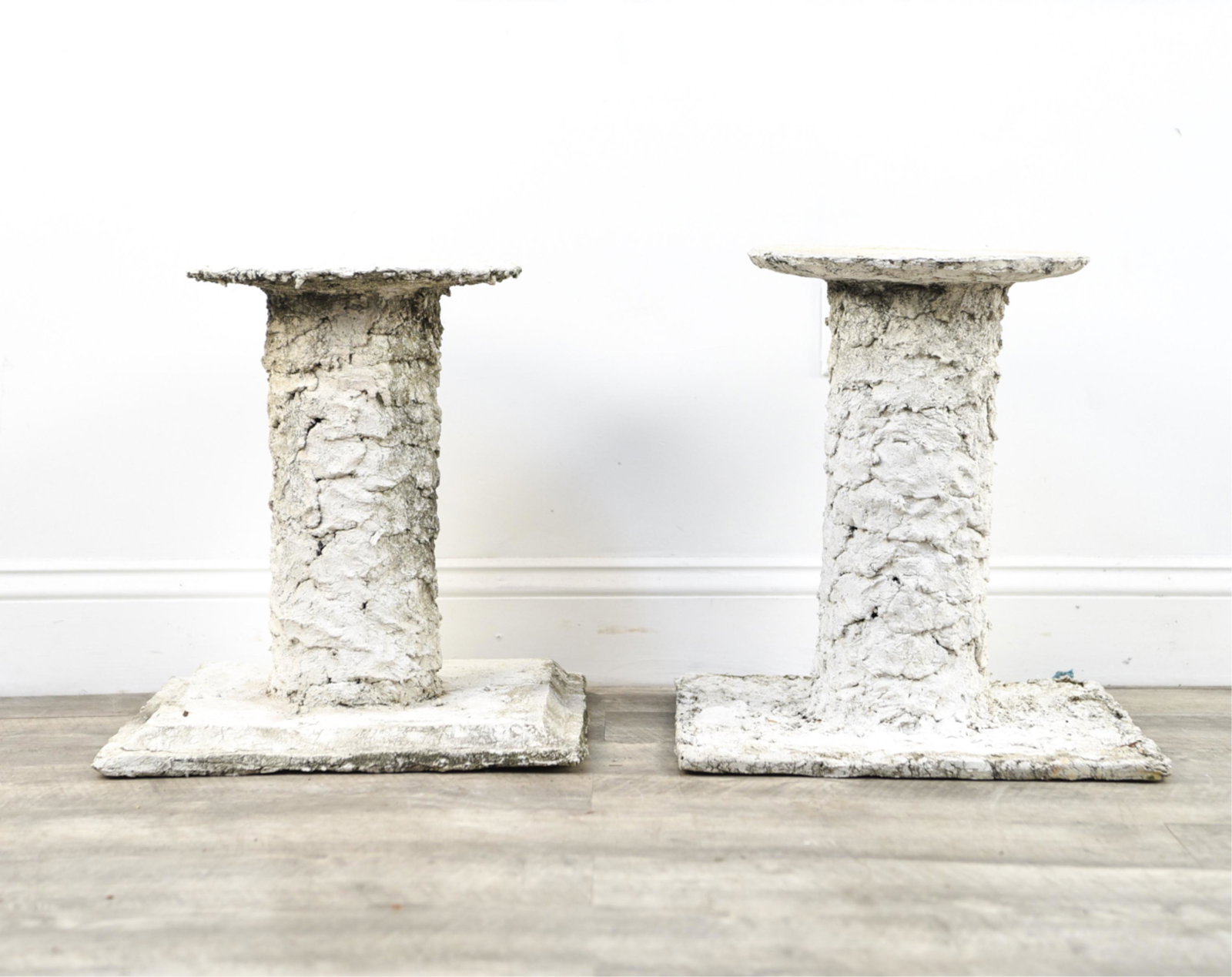 PAIR OF 1960S CONCRETE PEDESTAL TABLES: Dimensions : 17" x W 16" x D 16" Condition : Small chips to corners. Wear consistent with outdoor exposure.
