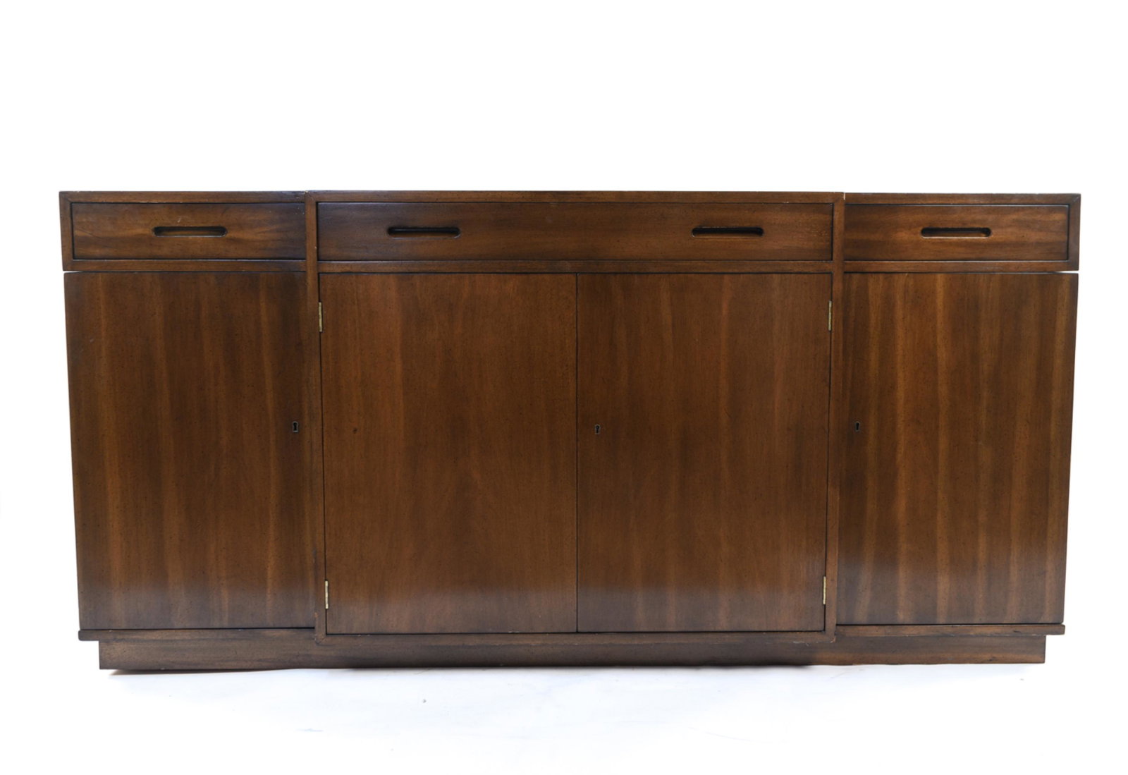 ATTR. EDWARD WORMLEY DUNBAR SIDEBOARD: Dimensions: H 35" x W 72" x D 20.75" Condition: Left side cabinet door lock is fussy. Some dings and small chips to some edges. Few scratches.