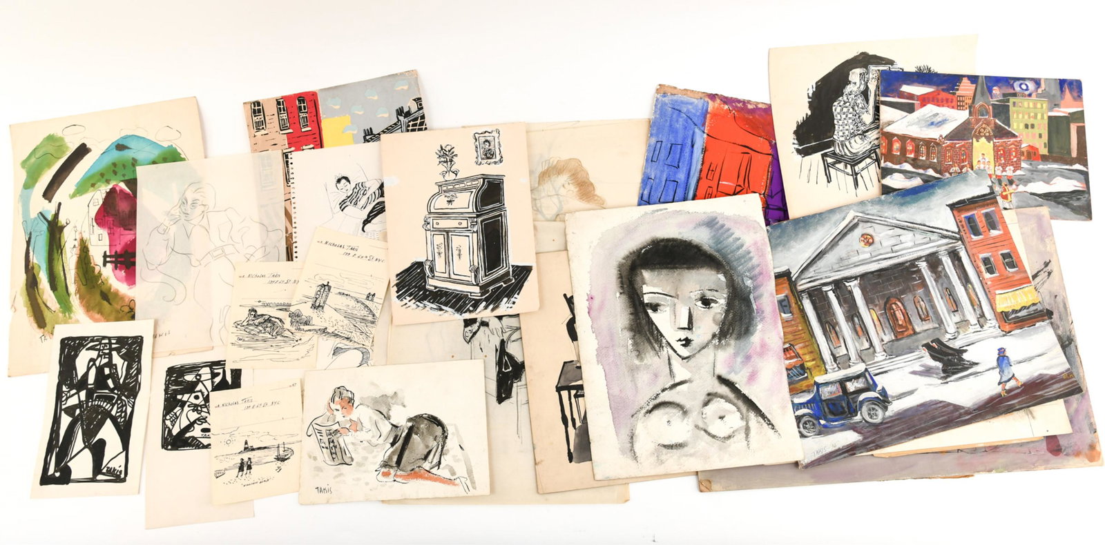 (24) NICHOLAS TAKIS (1903 - 1965) ORIGINALS: Including gouache, watercolor, ink... Mostly signed. Largest: H 22" x W 15" Condition: Varies