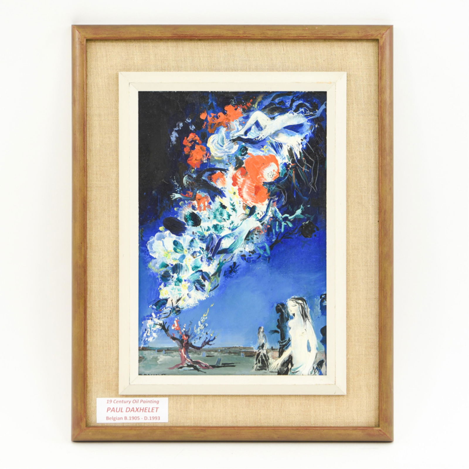 PAUL DAXHELET (BELGIUM, 1905-1993): Surrealist oil on board, signed lower left, partially under decorative mount. Dimensions: Framed: H 21" x W 16.25" Sight: H 14" x W 9.5" Condition: Some rubbing to frame.