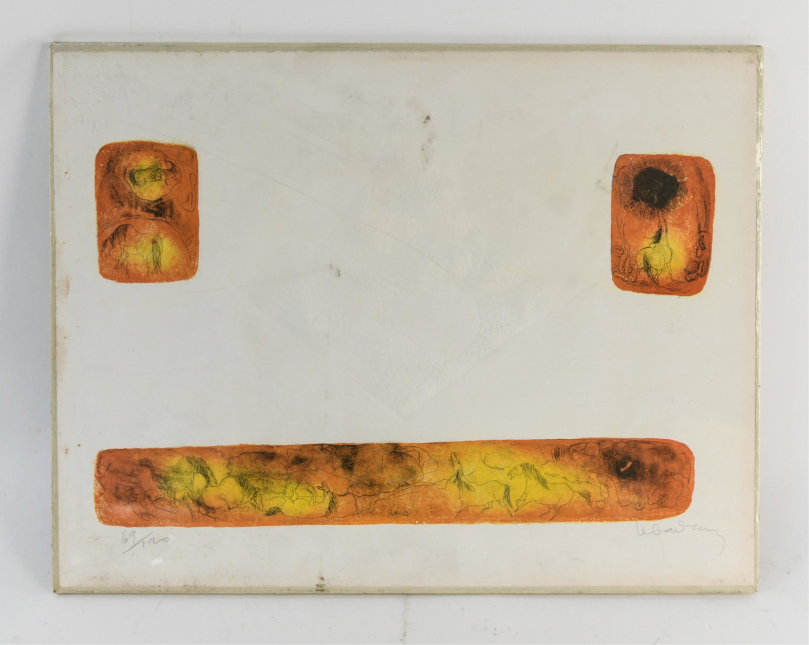 LEBADANG, VIETNAMESE (1921 - 2015) LITHOGRAPH: Lithograph with intaglio. Pencil signed and numbered 69 / 120 Dimensions: (Paper) H 19.5"x W 25.5" Condition: Shrink wrapped. Light toning to paper edges. Spotting left edge.
