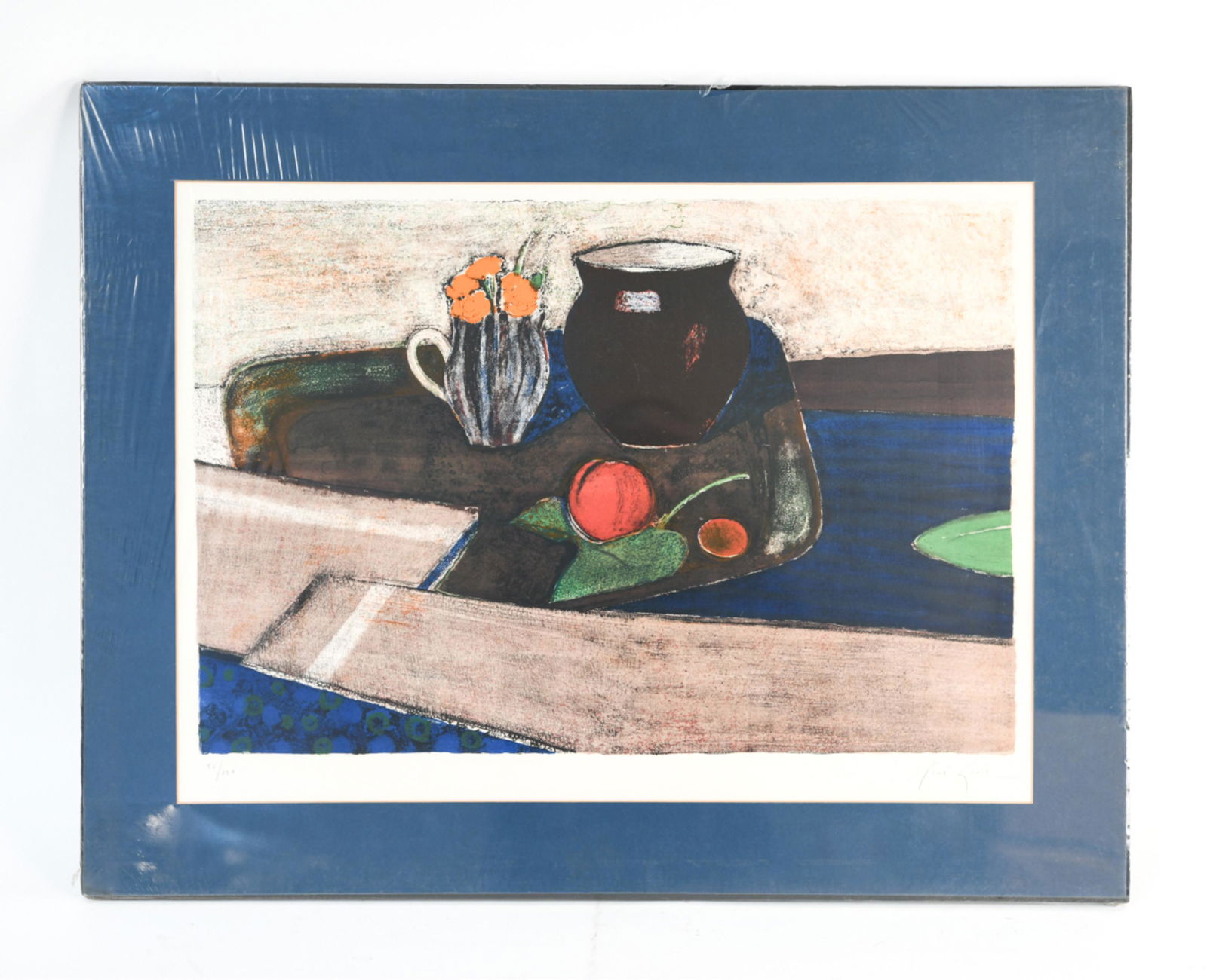 RENE GENIS, FRENCH (1922 - 2004) LITHOGRAPH: Lithograph still life. Pencil signed and numbered 56 / 120. Dimensions: (Mount) H 26" x W 34" (Sight) H 20" x W 27.75" Condition: Dirty mat. Condition: Shrink wrapped. Looks clean.