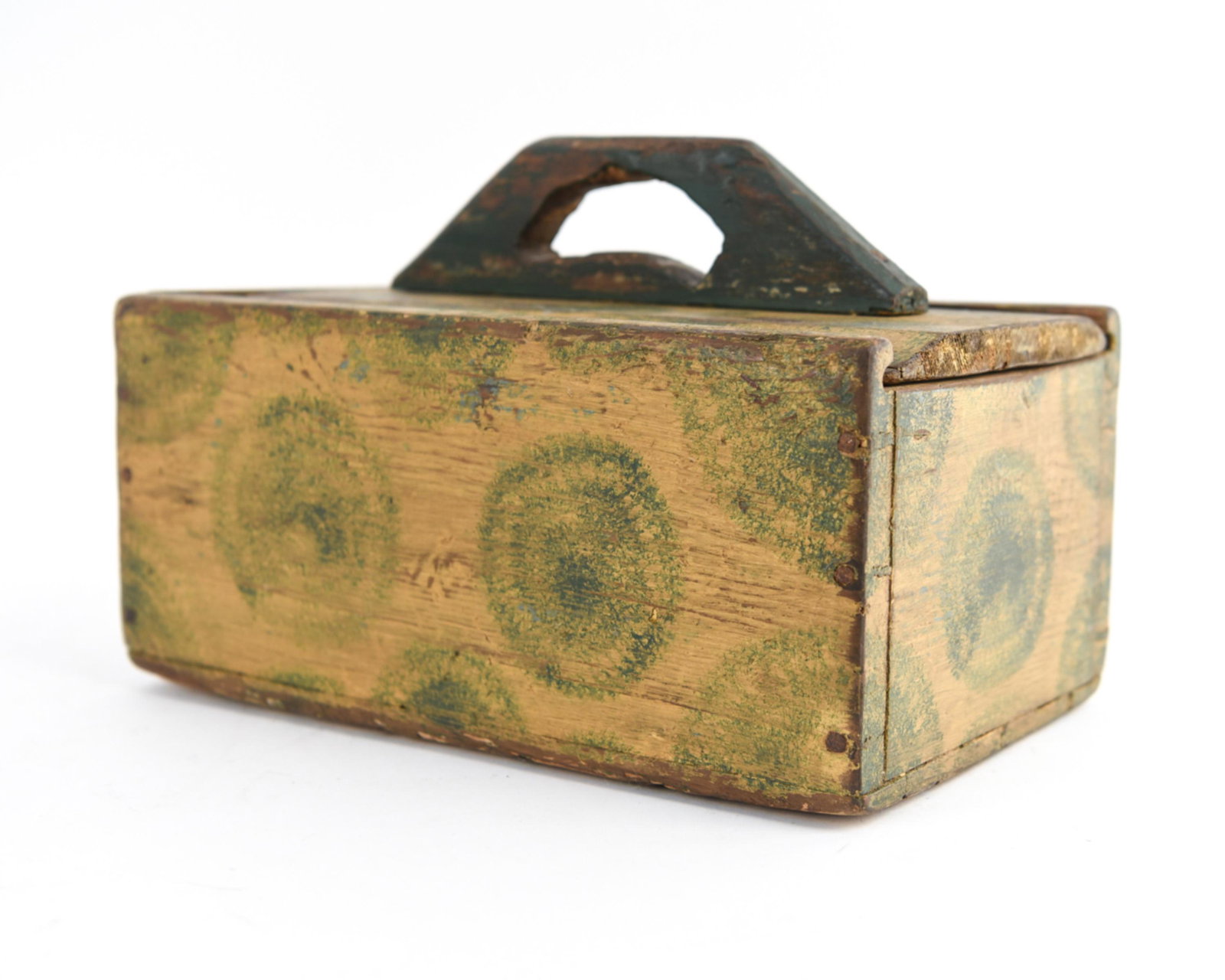 19TH CENTURY AMERICAN PAINT DECORATED BOX: Slide top pine box with sponged green over mustard paint. Dimensions: H 9" x W 12.5" x D 7.5" Condition: Use wear