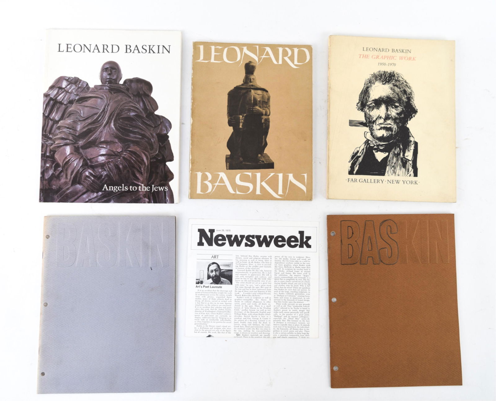 (5) GROUPING OF LEONARD BASKIN CATALOGS: Exhibition catalogs. Two published 1970, one 1991. Dimensions: (Largest) H 11.5" x W 9" Condition: Age and use wear. One with pencil marks on cover.