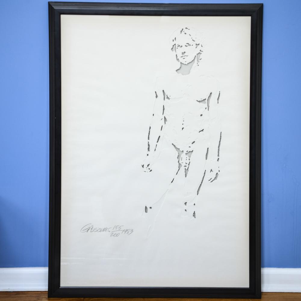 DIMITRI GASSOUMIS PAPER SCULPTURE: Titled “Apollo.” Pencil signed and numbered 155/200, dated 1983. COA verso. Dimensions: (Frame) H 46.5” x W 33”, (Sight) H 43” x W 29”; Condition: Slight toning to paper. Wall paint on edg