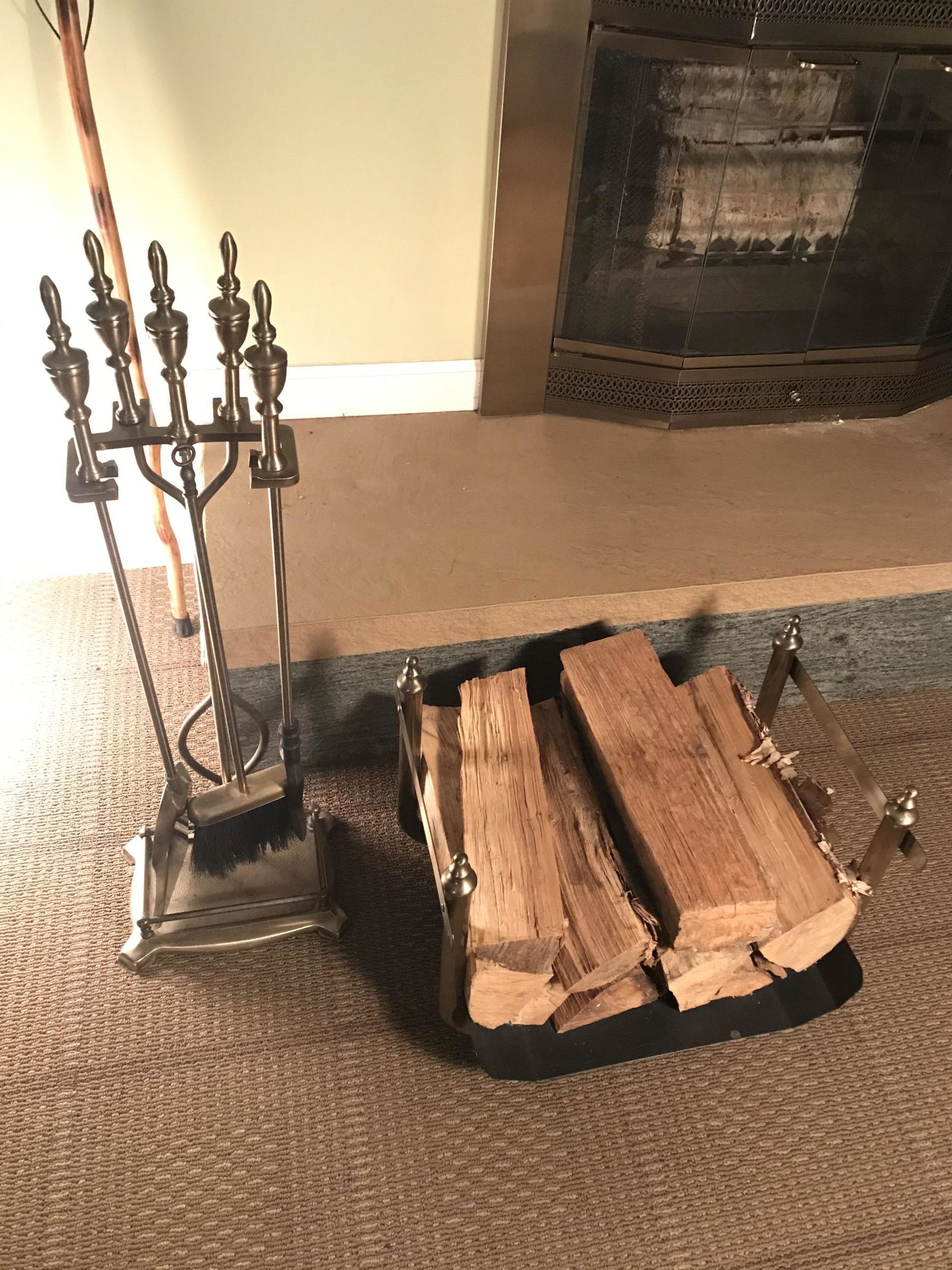 BRASS AND IRON FIREPLACE TOOLS AND LOG HOLDER (1 of 6)