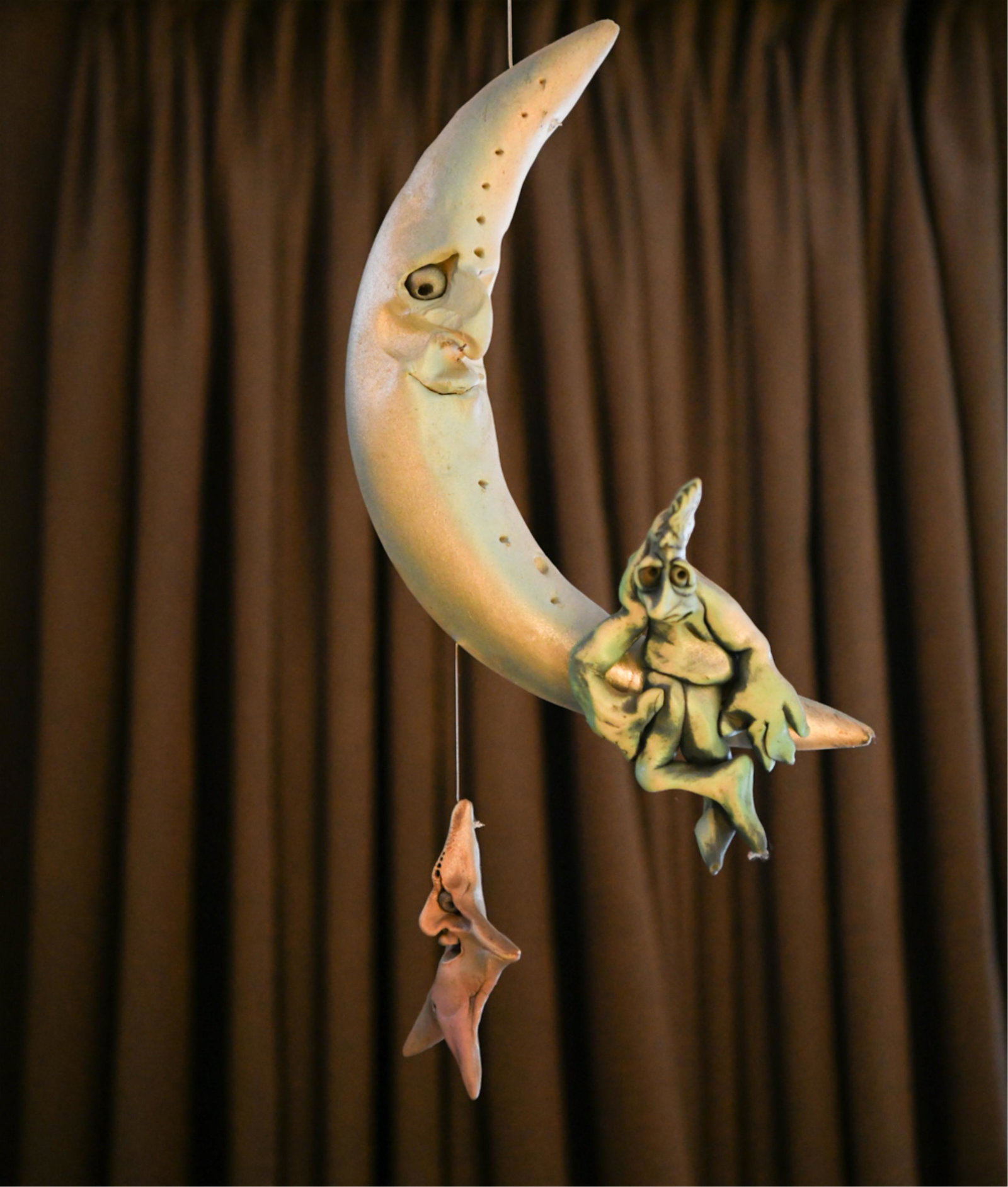 CERAMIC MOON SCULPTURE: Dimensions: H 12.5” x W 8.5” x D 4”; Condition: some chips, to one star arm