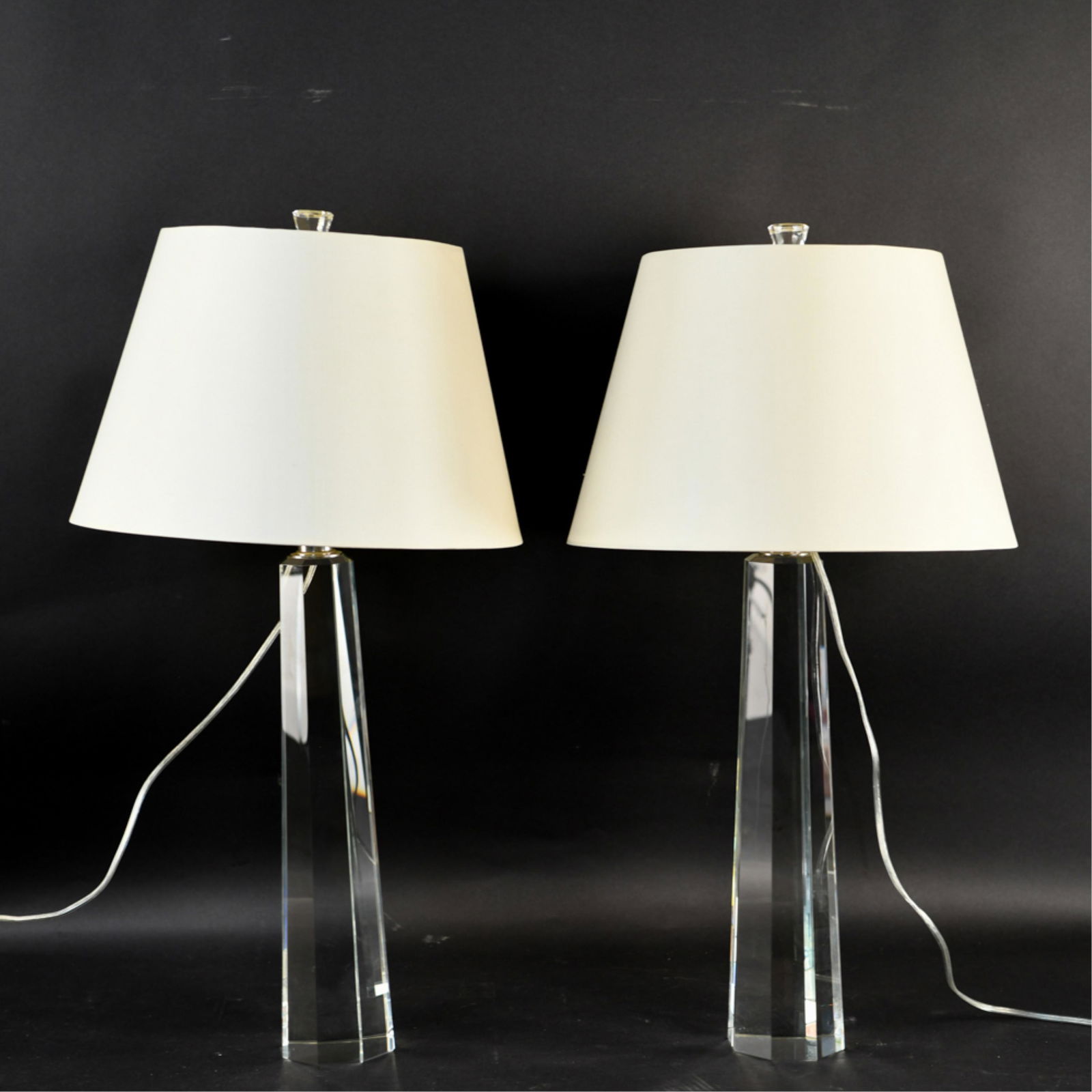 PAIR OF OBELISK GLASS LAMPS: Dimensions: (Incl. shade) H 32.5" x Dia. 18.25" Condition: No issues to note.