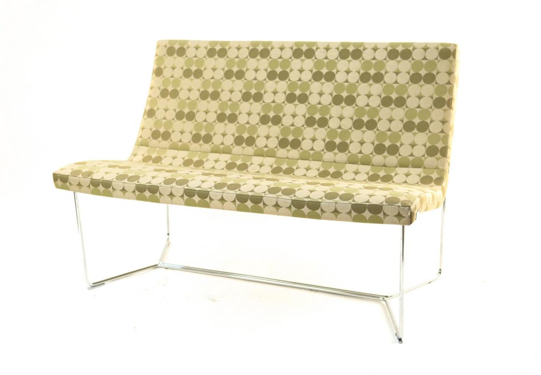 HARTER LOVESEAT: Tagged underneath: Harter. Dimensions: H 33" x W 48.5" x D 27.5" x SH 18" Condition: Small tear to seat. Light stains.