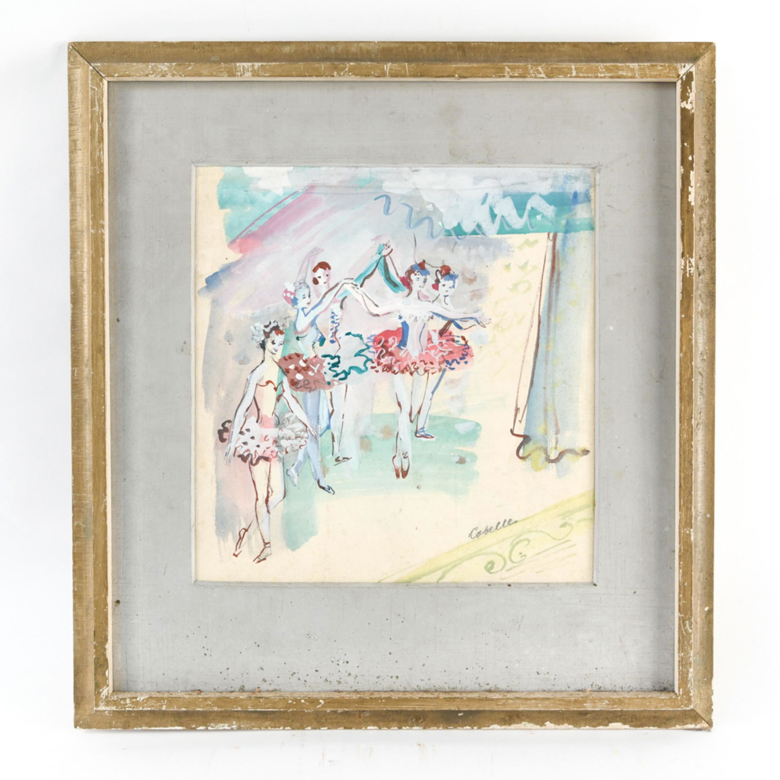 CHARLES COBELLE (1902-1998) WATERCOLOR: Watercolor and gouache of ballet dancers, signed lower right. With F.A.R. label verso. Dimensions: (Frame) H 24" x W 22.5" (Sight) H 14" x W 13.5" Condition: Frame without glass, paper with soiling an
