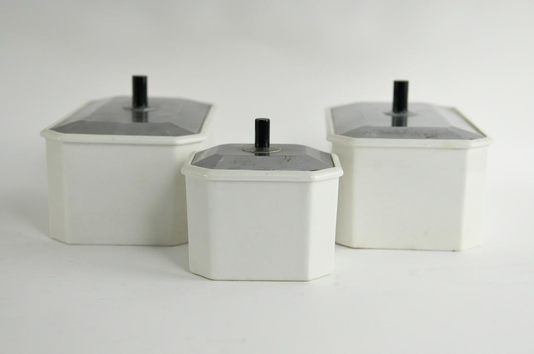 PORCELAIN ART DECO SODA FOUNTAIN JARS: Dimensions: (Largest) H 5.5" x W 10" x D 6" Condition: Showing wear consistent with age and use.