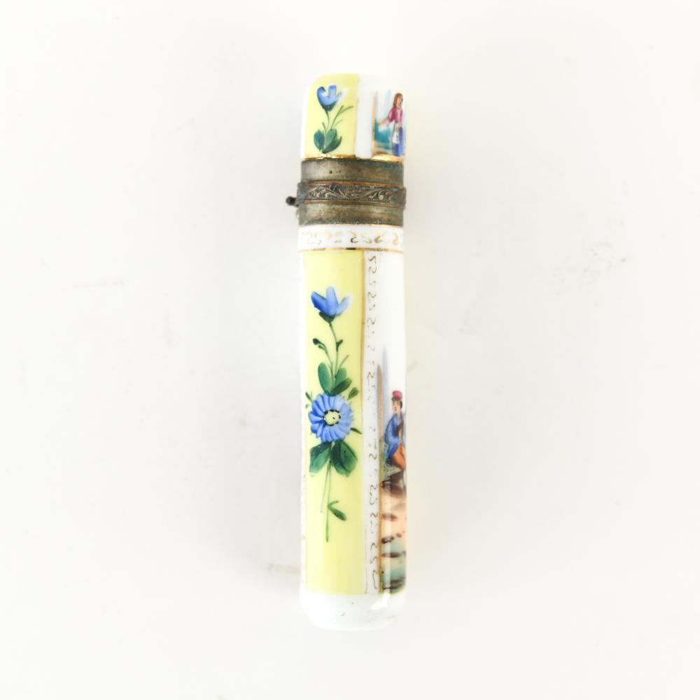 ANTIQUE PORCELAIN PERFUME OR SCENT BOTTLE: Dimensions: L 4.75" x Dia. 1" Condition: Some wear consistent with age and handling. Tarnish to metal.