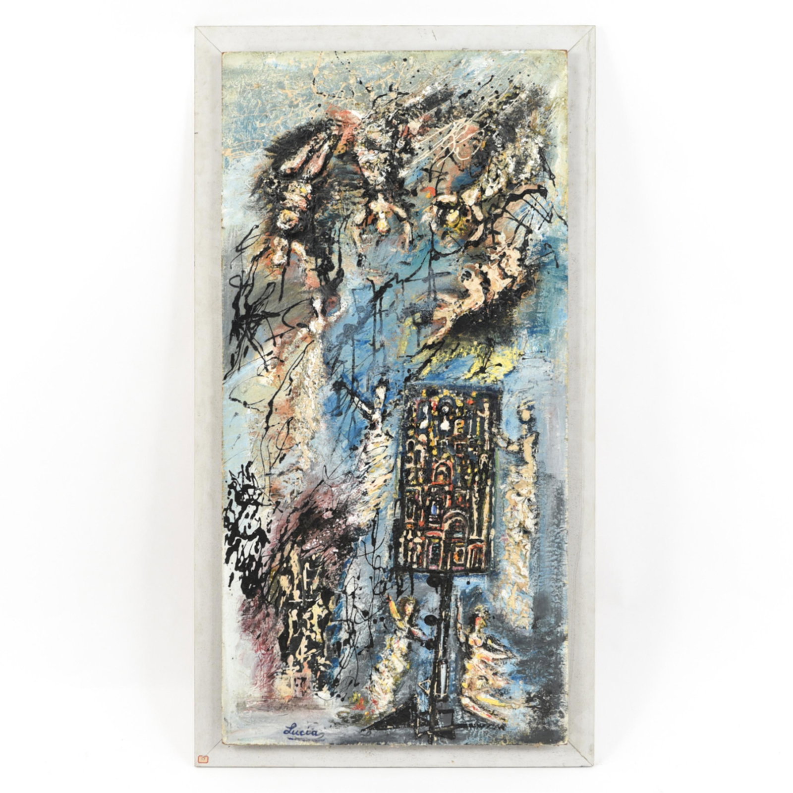 LUCIA WILCOX (AMERICAN 1902-1974): Heavily textured oil on masonite. Signed Lucia lower left. Information verso with date 1955. Painting mounted on frame. Dimensions: (Frame) H 52" x 28" (Painting) H 48" x W 24" Condition: Rubbing to e