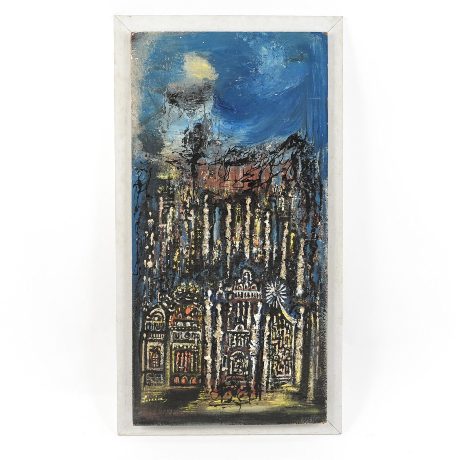 LUCIA WILCOX (AMERICAN 1902-1974): Heavily textured oil on masonite. Signed Lucia lower left. Information verso with date 1955. Mounted on frame. Dimensions; (Frame ) H 53" x W 28" (Painting) H 49" x W 24" Condition: Rubbing to edges a