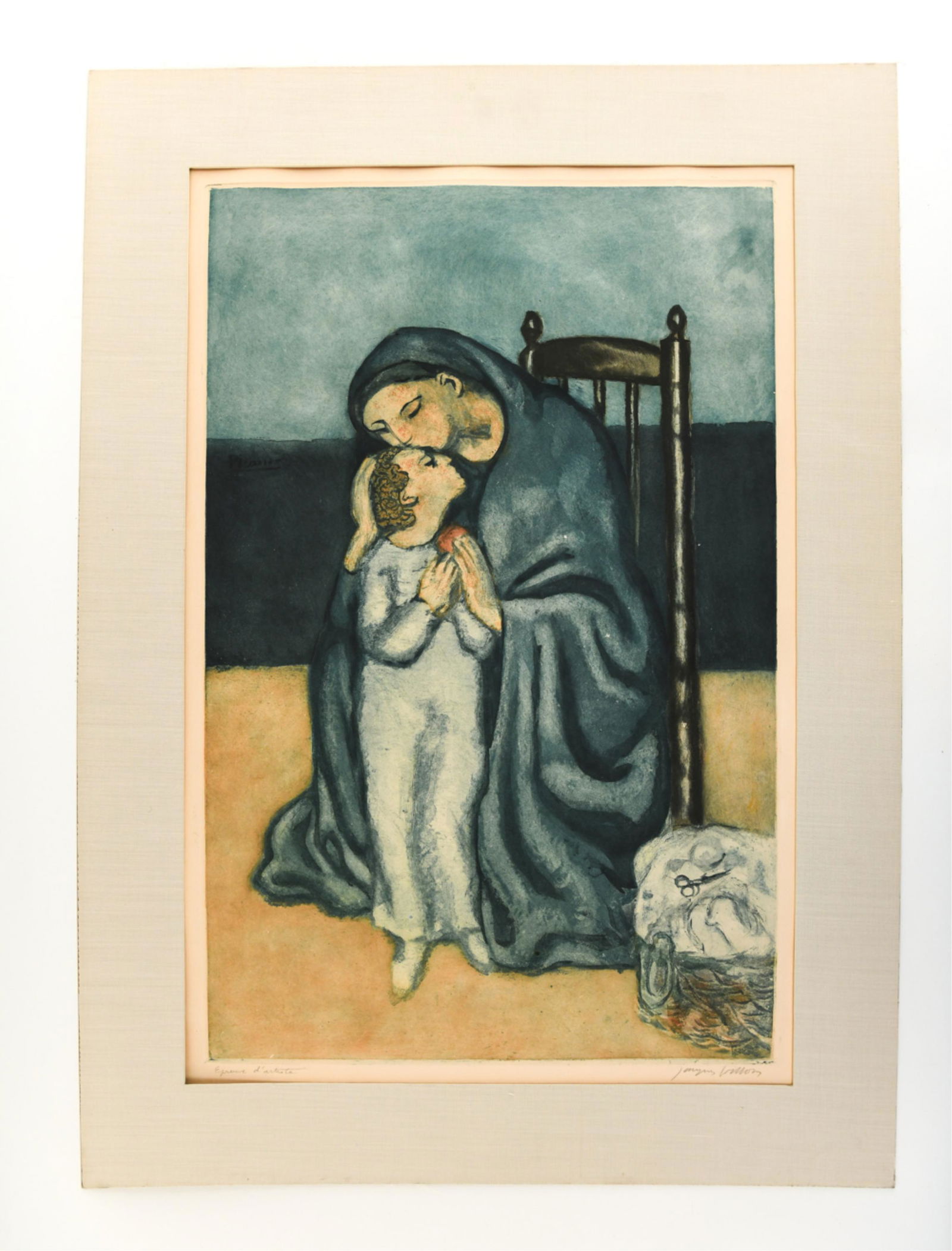 JACQUES VILLON AFTER PABLO PICASSO COLOR AQUATINT: "La Maternite" etching with aquatint in colors by Jacques Villon after the painting by Pablo Picasso, published 1930. Pencil signed and noted "Eperuve d'artiste." From the edition of 200. Dimensions:
