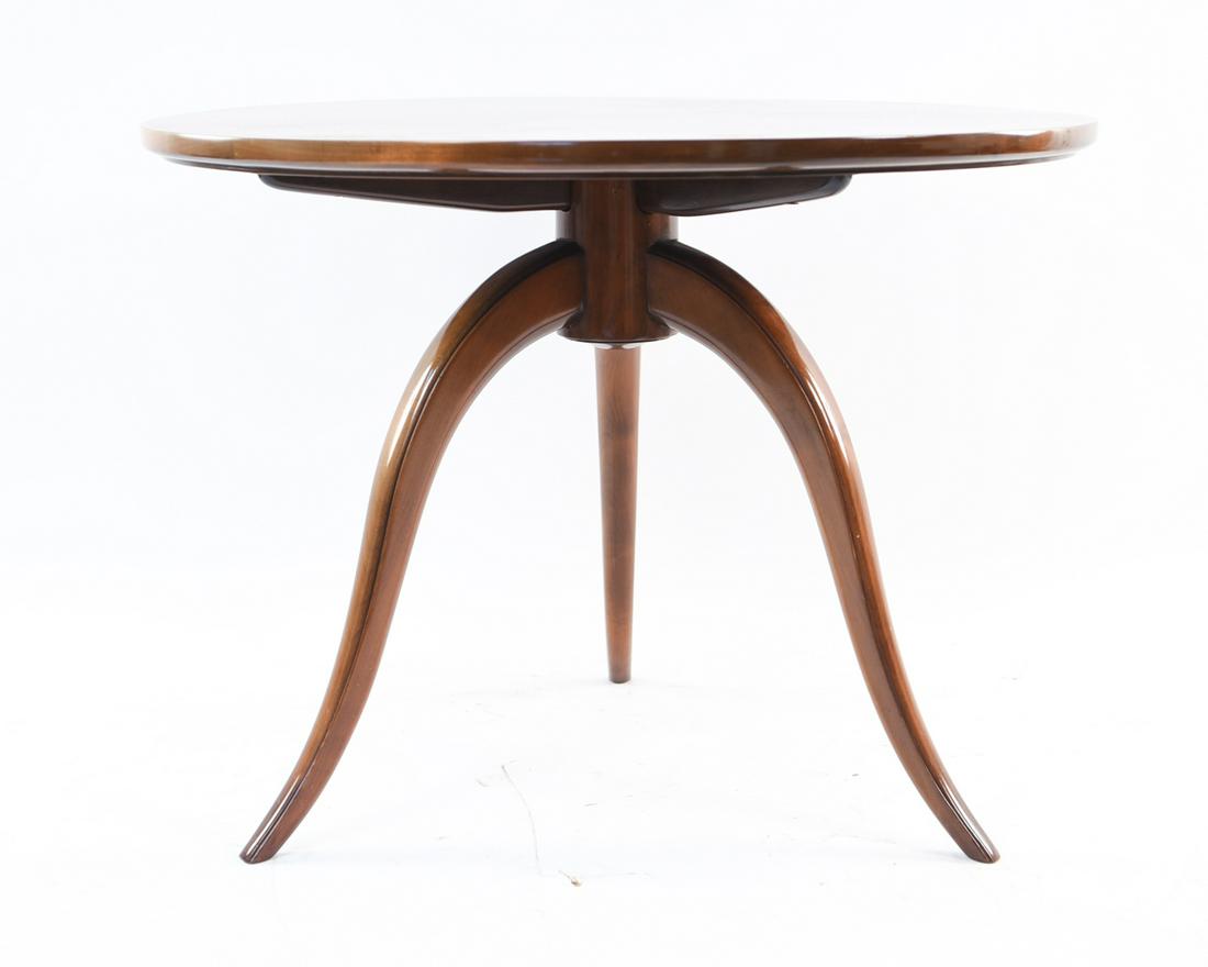 MID-CENTURY TRI-POD TABLE ATTR WORMLEY: Vintage, C. 1940's-1960's. No markings but attributed to Edward Wormley. Dimensions: H 26.75" x Dia. 35.5" Condition: Water mark to top. Few minor nicks to edges. Light wear consistent with age and us