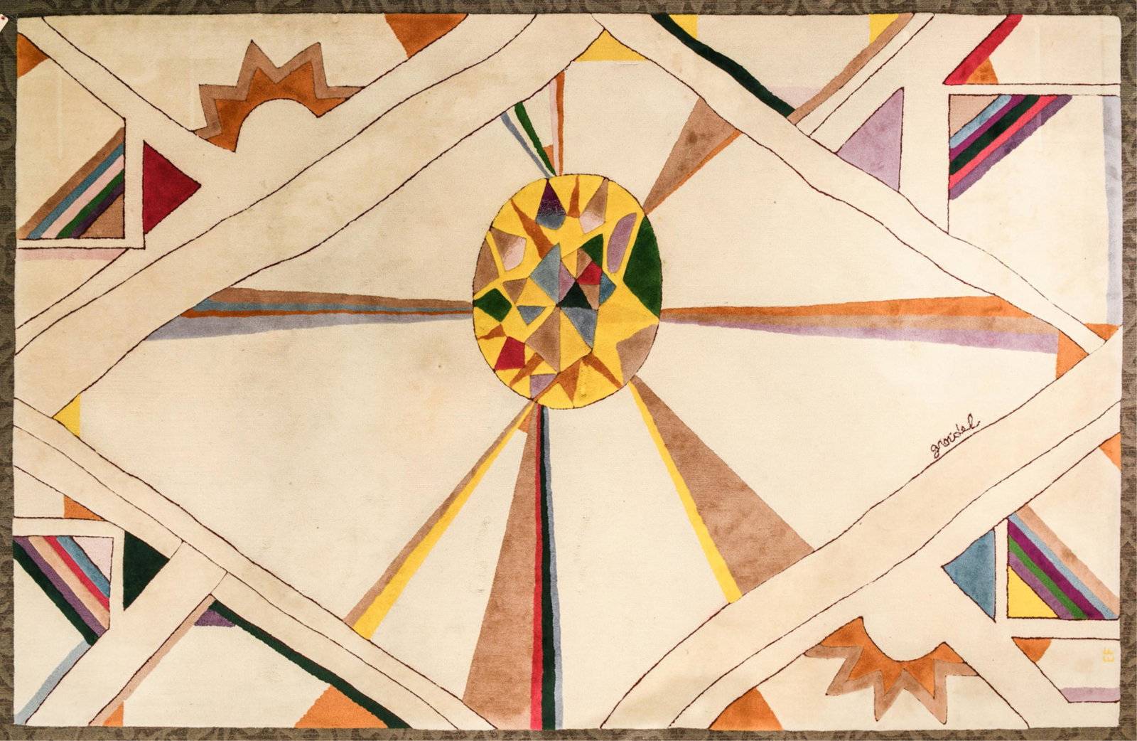 EDWARD FIELDS ABSTRACT WOOL RUG: Wool pile, signed. Dimensions: L 154" x W 95" Condition: Light soiling in small areas