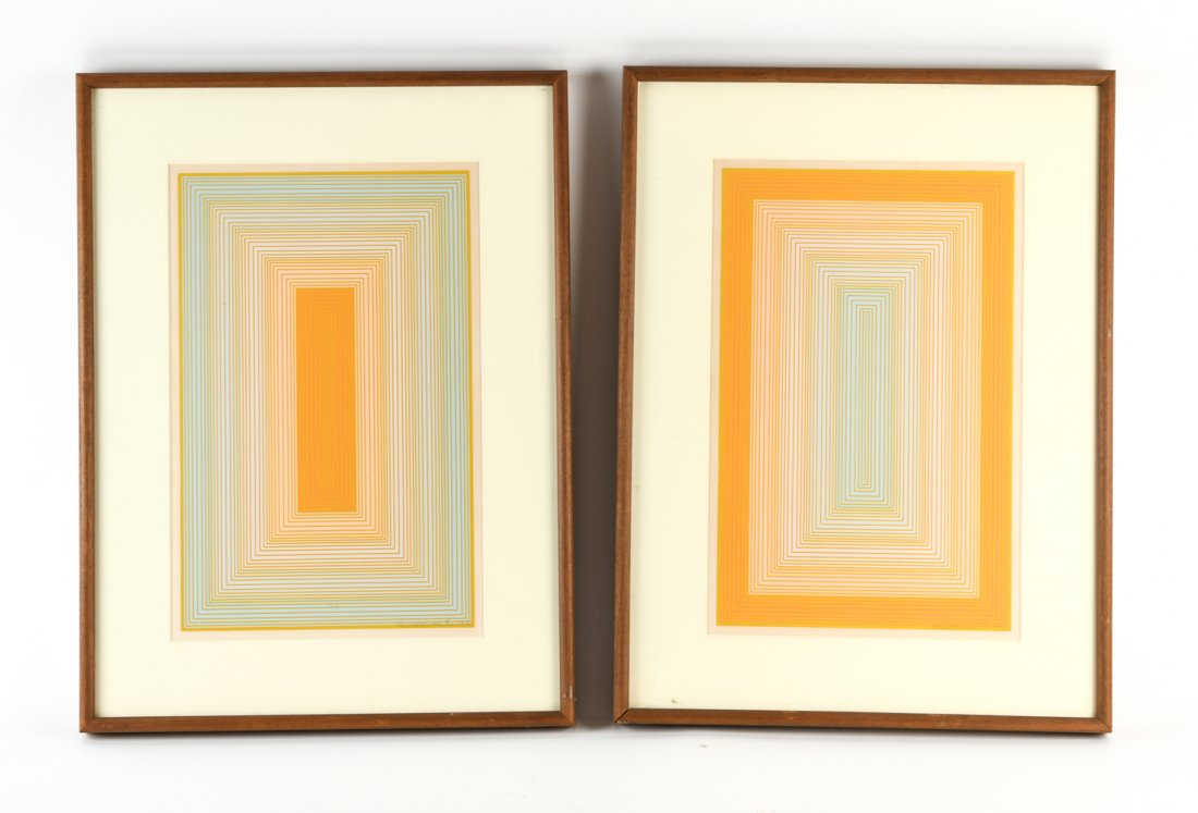 (2) RICHARD ANUSZKIEWICZ 1972 SERIGRAPHS: Signed, editioned, and dated lower right, 38/100 & 35/100, 1972. Dimensions: (Frame) H 25.5" x W 19", (Sight) H 18.5" x W 12" Condition: Couple marks to frames.