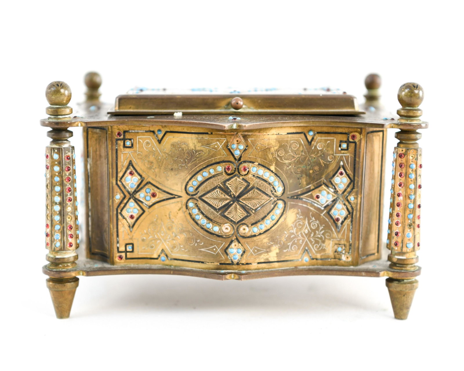 ANTIQUE FRENCH CHAMPLEVE JEWELED ORNATE BRASS BOX: With velvet interior lining. Dimensions: H 4" x W 6.25" x D 4.5" Condition: Some rubbing to surface. Showing signs of age and use.