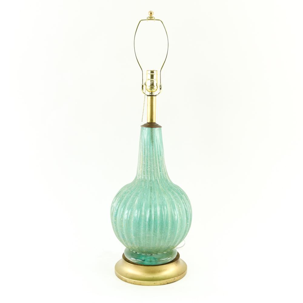 ITALIAN BULBOUS MURANO GLASS LAMP: Vintage Murano glass with new fixture. Dimensions: (To socket) H 24.5" x D 9.5" Condition: Showing light signs of use.
