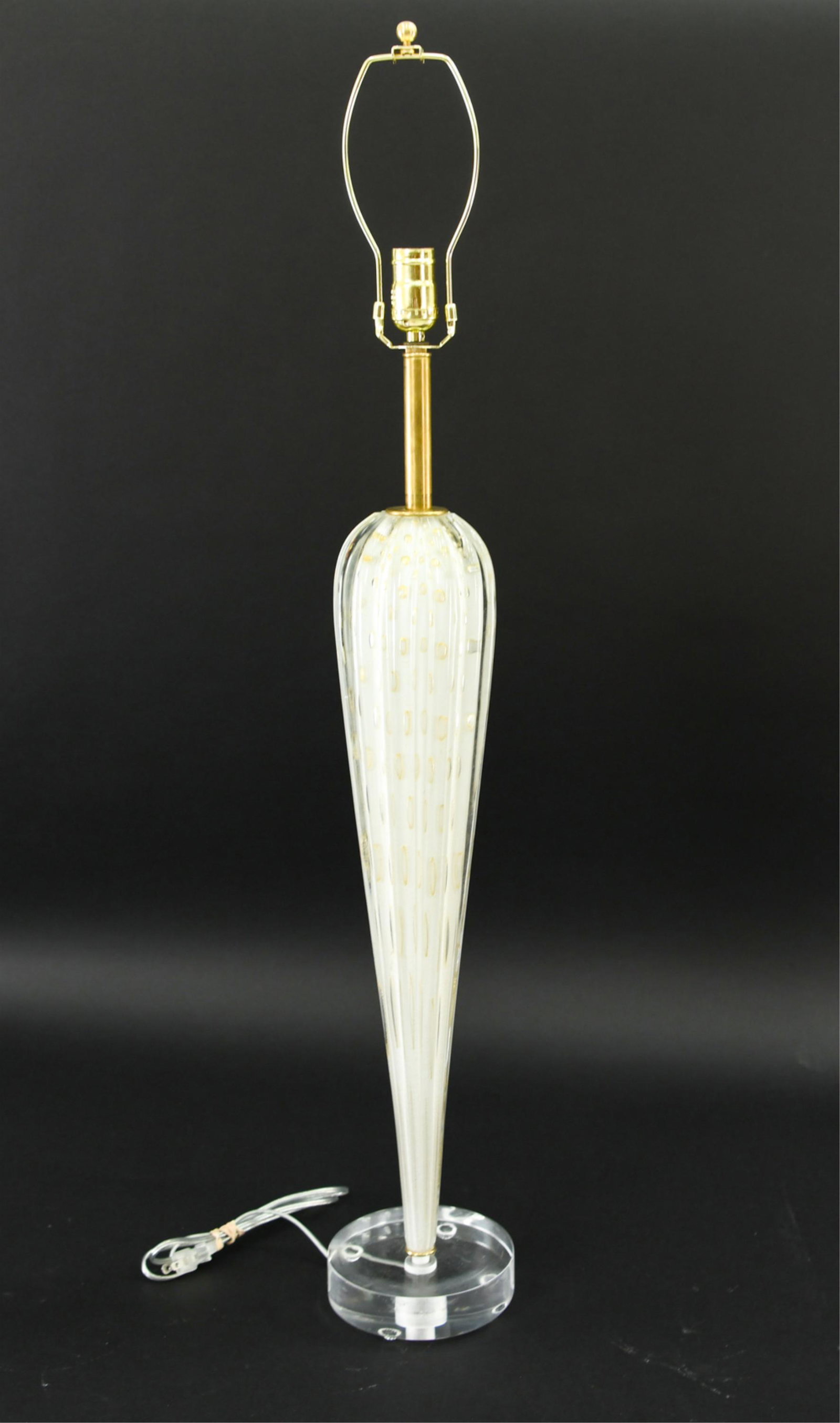 ITALIAN MURANO GLASS LAMP: With lucite base. Vintage Murano glass with new fixture. Dimensions: (To socket) H 33.5" x D 6" Condition: Showing light wear consistent with some use.