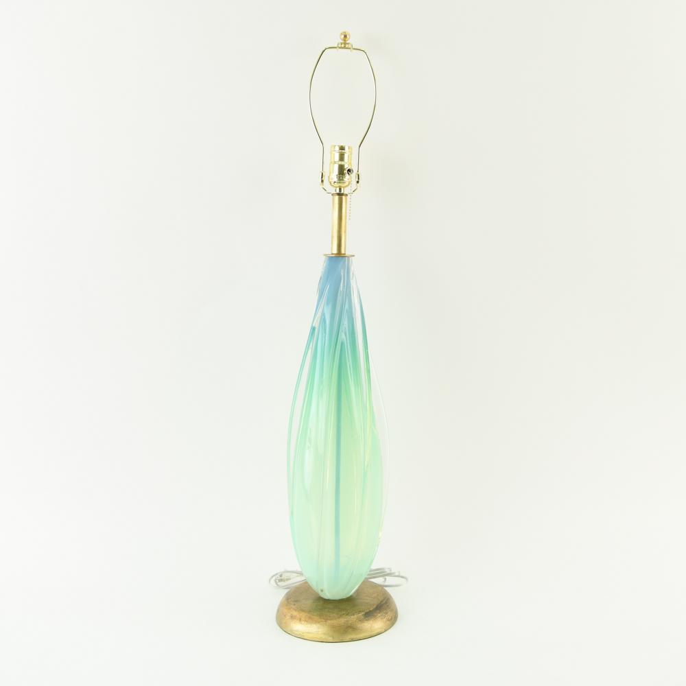 MID-CENTURY ITALIAN MURANO GLASS LAMP: Vintage Murano glass with replaced fixture. Dimensions: (To socket) H 28.5" x D 7.5" Condition: Very light handling wear.