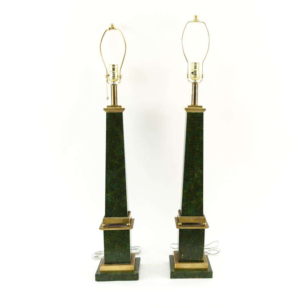 PAIR FAUX PAINTED BRASS OBELESK LAMPS: With faux malachite painted design over brass. Dimensions: (To socket) H 30.5" x W 6" x D 6" Condition: Few scratches and nicks to faux marble paint finish.