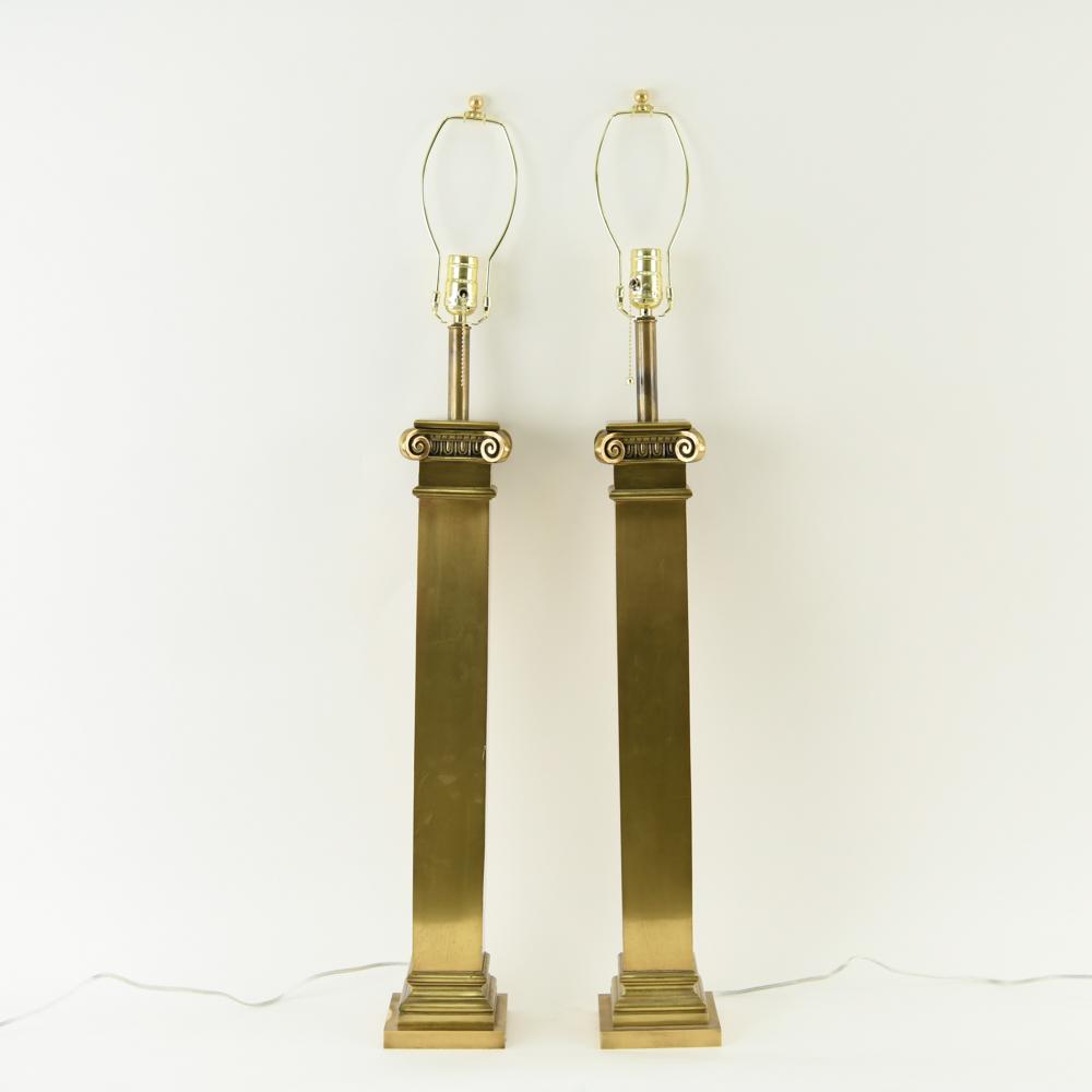 PAIR OF MODERN BRASS COLUMN LAMPS: Rewired with new fixtures. Dimensions: (To socket) H 33" x W 5.25" x D 5.25" Condition: Light tarnishing and handling wear.