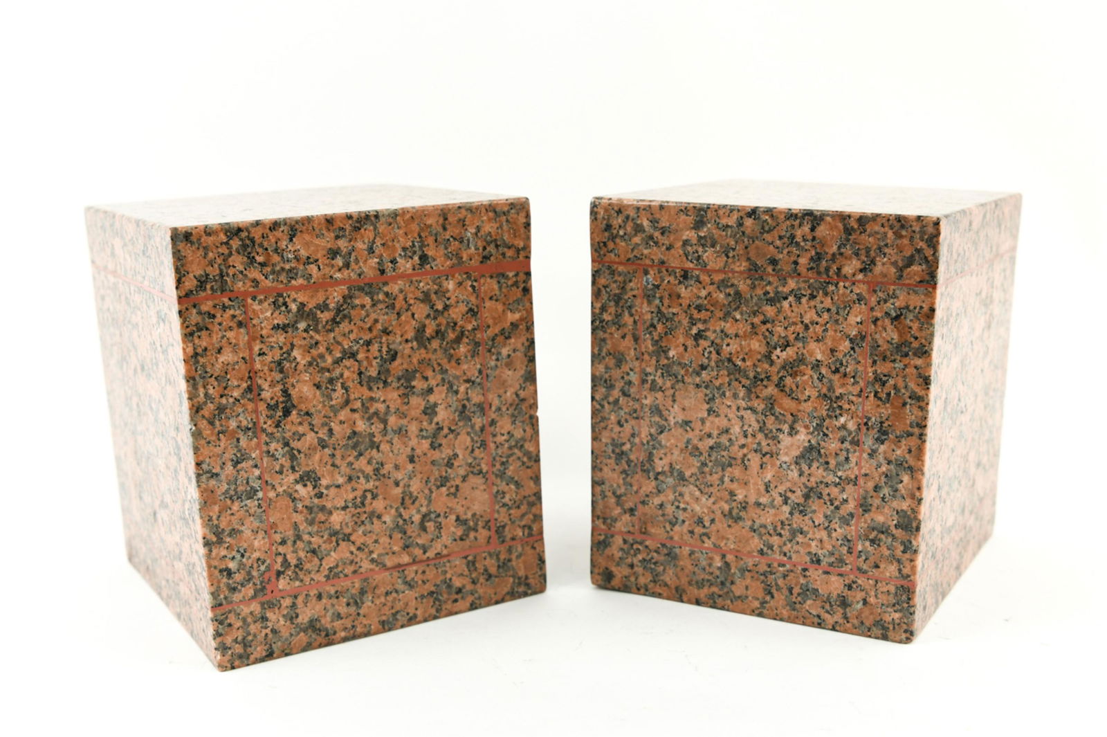 (2) GRANITE CUBES PLINTS BASES: Solid granite with etched design Dimensions: Each: H 7.5" x W 8" Condition: Minor chipping to corners.