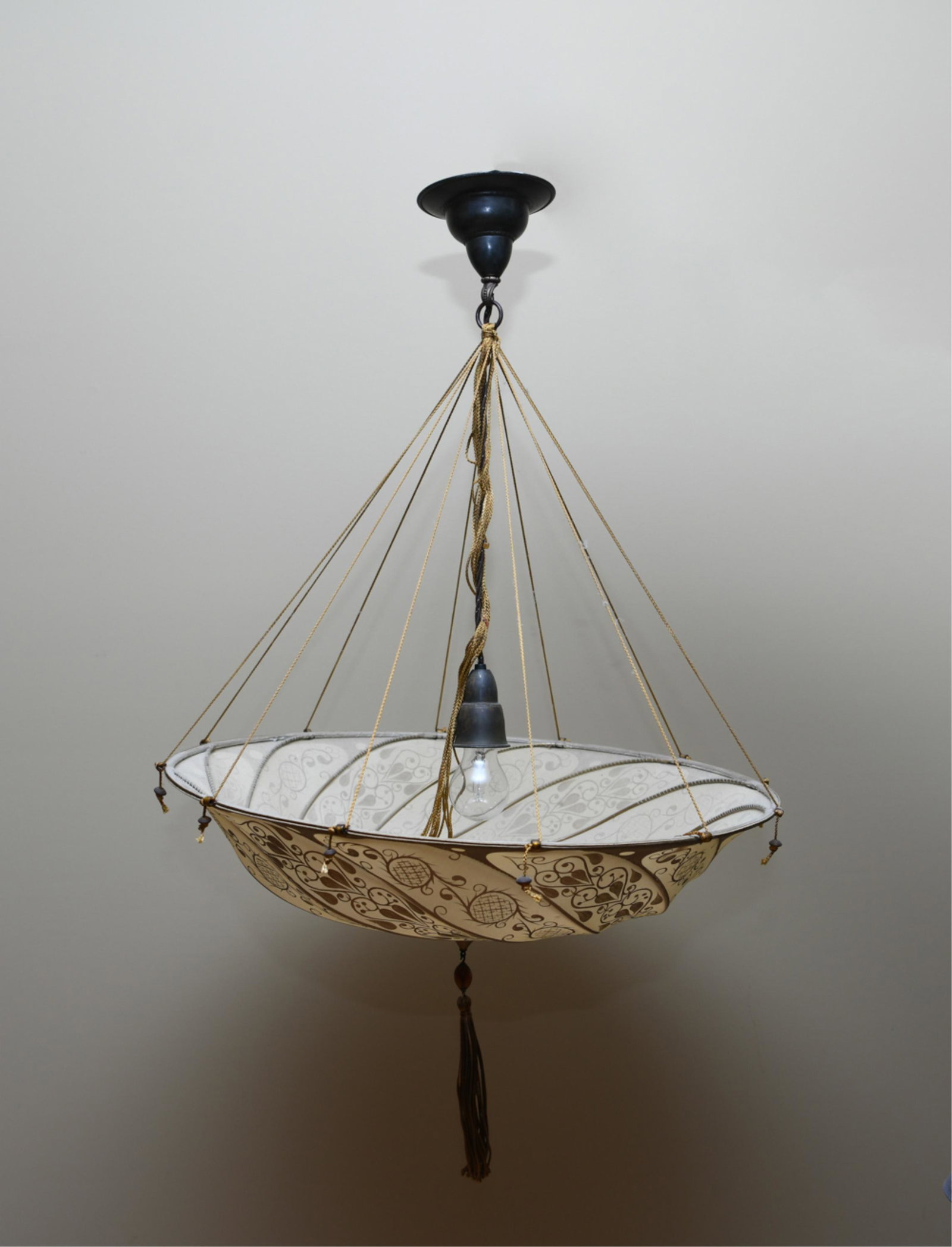 FORTUNY SILK HANGING PENDANT CHANDELIER: Dimensions: (Shade) H 7" x D 24" Condition: Surface dust including handling wear.