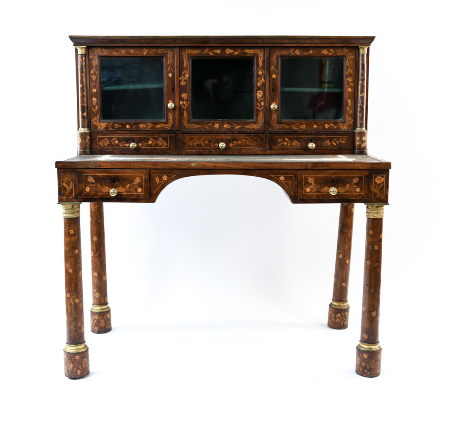 19TH C. FRENCH INLAID & ORMOLU DESK: Dimensions: H 47.5" x W 44.75" x D 25" Condition: Finish wear, scuffs, scratches & repairs. Losses to desk surface. Showing antique wear consistent with age and use.