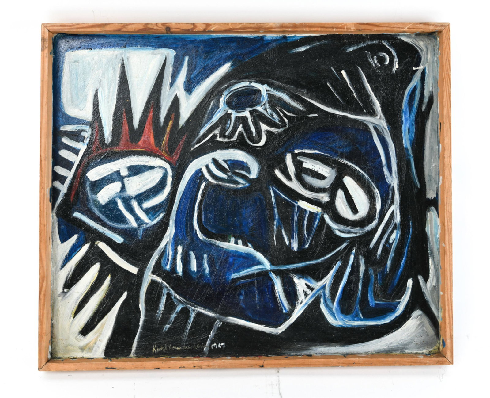 KNUD NORMAND LASSEN / LARSEN ON MASONITE: Signed and dated left center, 1967. Dimensions: (Frame) H 18.75" x W 22.5", (Panel) H 18" x W 21.75" Condition: Few stray marks. H053