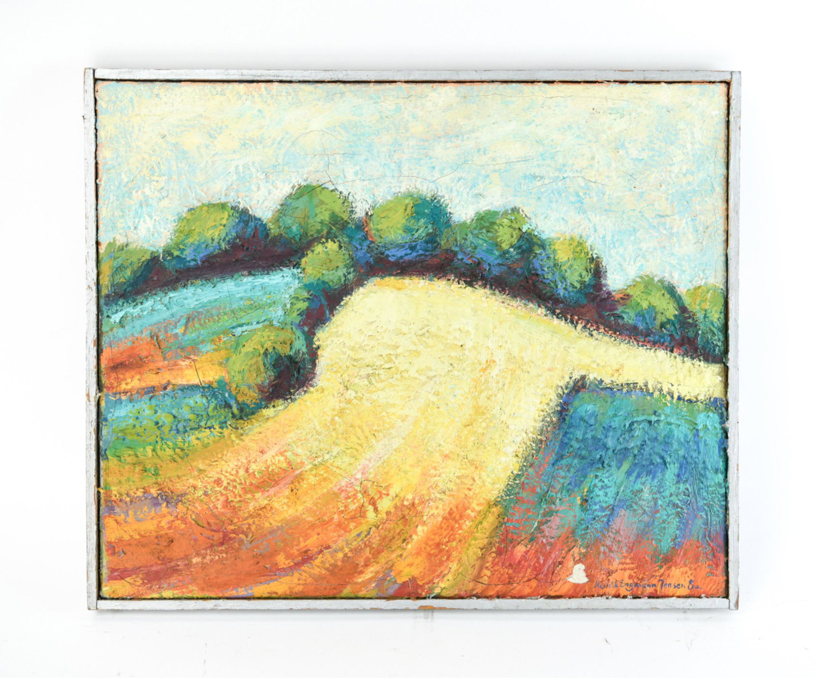 HENRIK E. JENSEN, MODERN OIL PAINTING: Signed and possibly dated lower right, '80? Dimensions: (Frame) H 19" x W 23", (Sight) H 18" x W 22" Condition: Crazing and cracks to paint surface including a loss lower right. Couple small repairs v