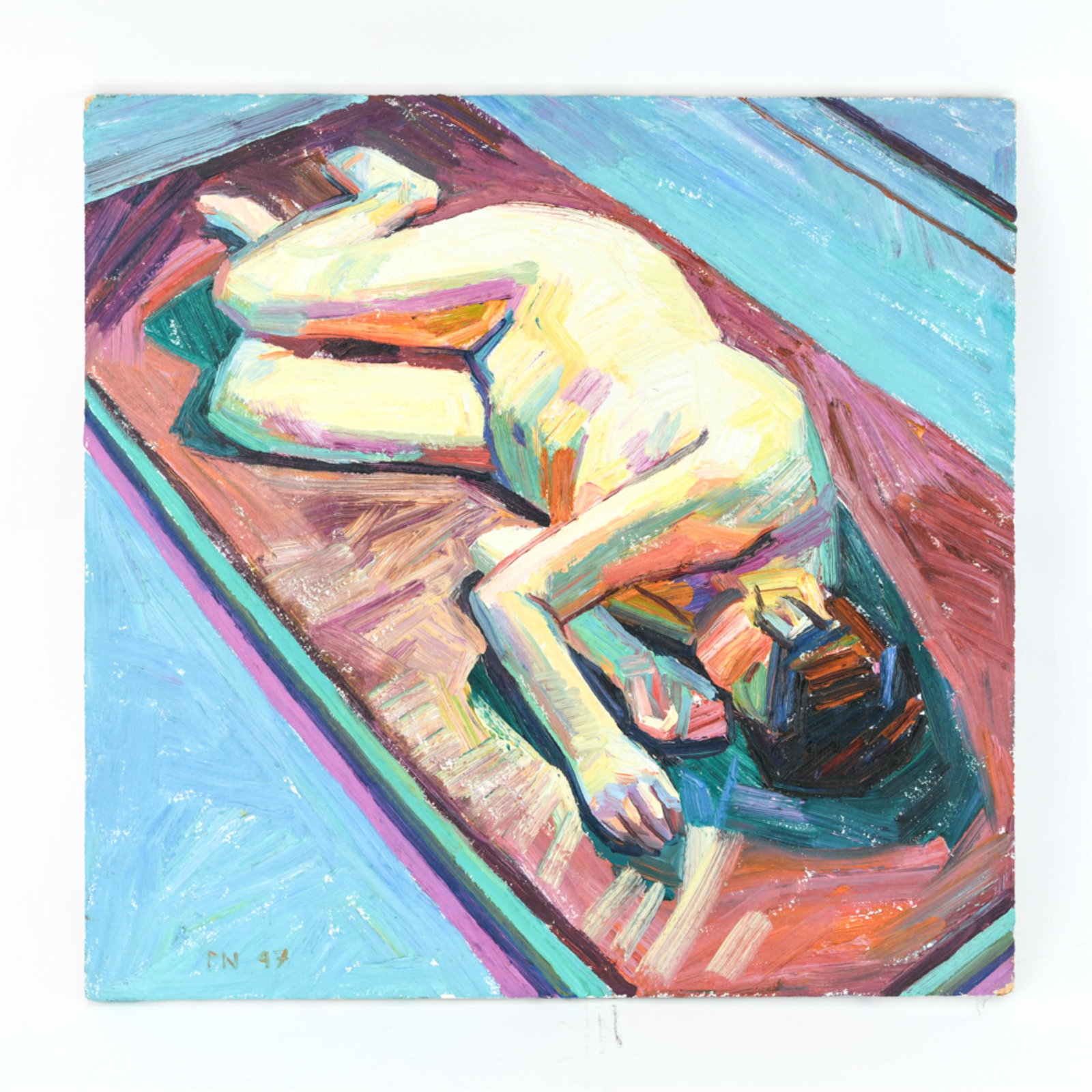 PAUL NEALE (B 1958) NUDE SUNBATHER OIL ON BOARD: Oil on pressed board, Signed and dated, '97. Dimensions: (Unframed) H 21.75" x W 22.5" Condition: Wear to some corners and edges. Few small nicks and marks. H002