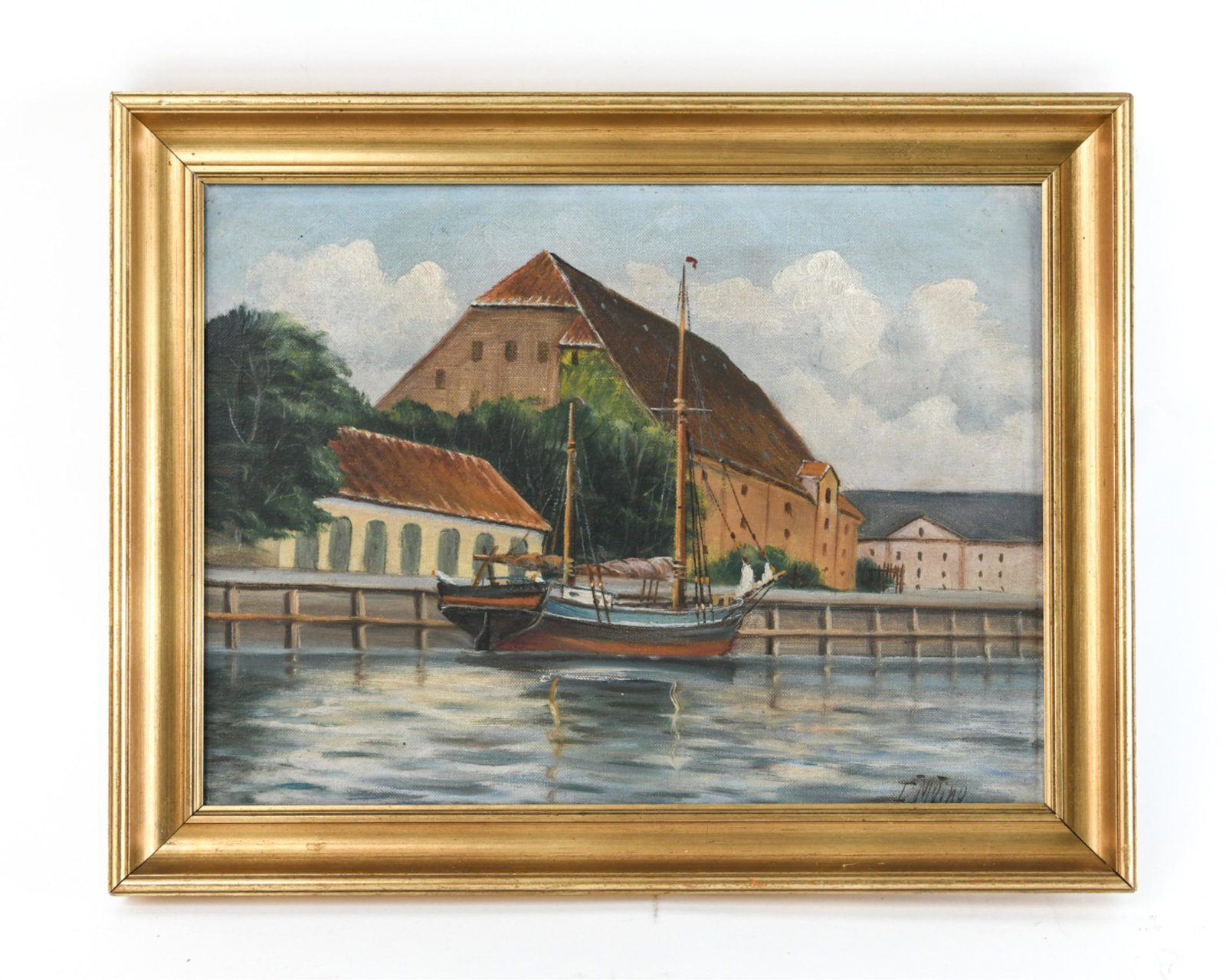 MEINZ O/C WATERFRONT: Signed lower right Dimensions: (Frame) H 14.5" x W 18.5" (Canvas) H 12" x W 15.75" Condition: Surface dirt including some small marks. Few light rubs and small nicks to frame. H031